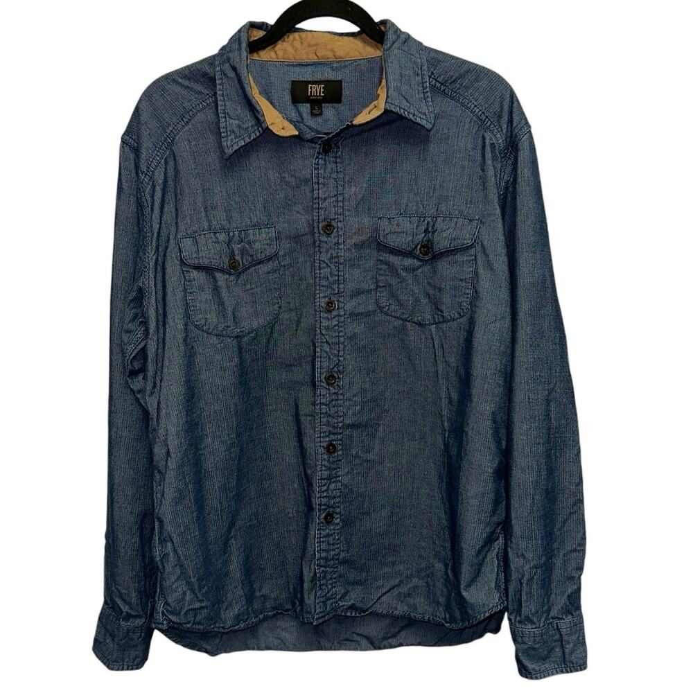 Frye Blue Corduroy Button Down Shirt Mens Large Western Workwear Chambray Style